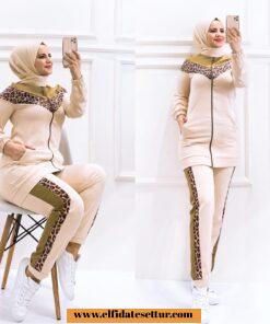 Leopar krep tunik pantolon takım