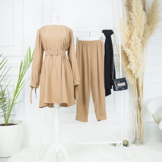 Ayrobin kemerli tunik pantolon takım - Görsel 3