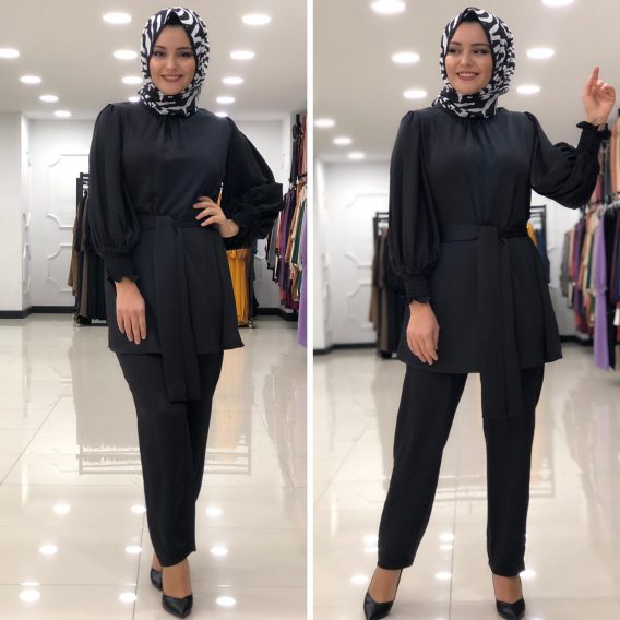 Saten krep tunik pantolon takım - Görsel 3