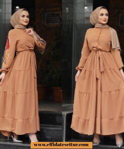 Ayrobin kumaş kolları nakışlı elbise