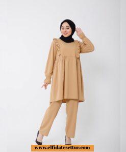 Yakası fırfırlı tunik pantolon takım