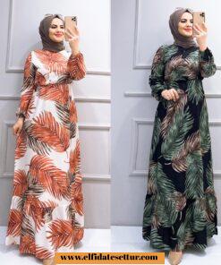 Viskon kumaş yaprak desenli elbise