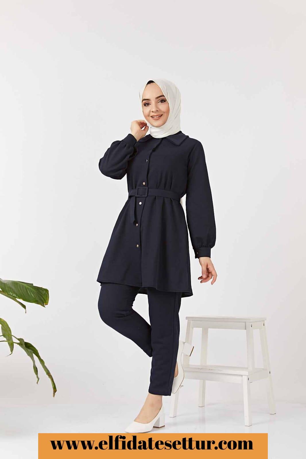 Kemerli tunik pantolon takım - Görsel 3