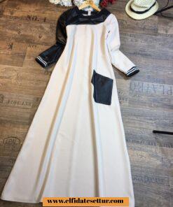 Deri detaylı atlas kumaş spor elbise