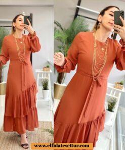 Ağaç kabuğu krep fırfırlı elbise