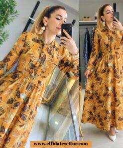 Keten kumaş yaprak desenli elbise