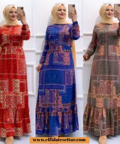 Etnik desenli viskon kumaş elbise