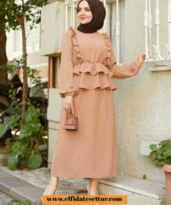 Krep kumaş fırfırlı tunik etek takım