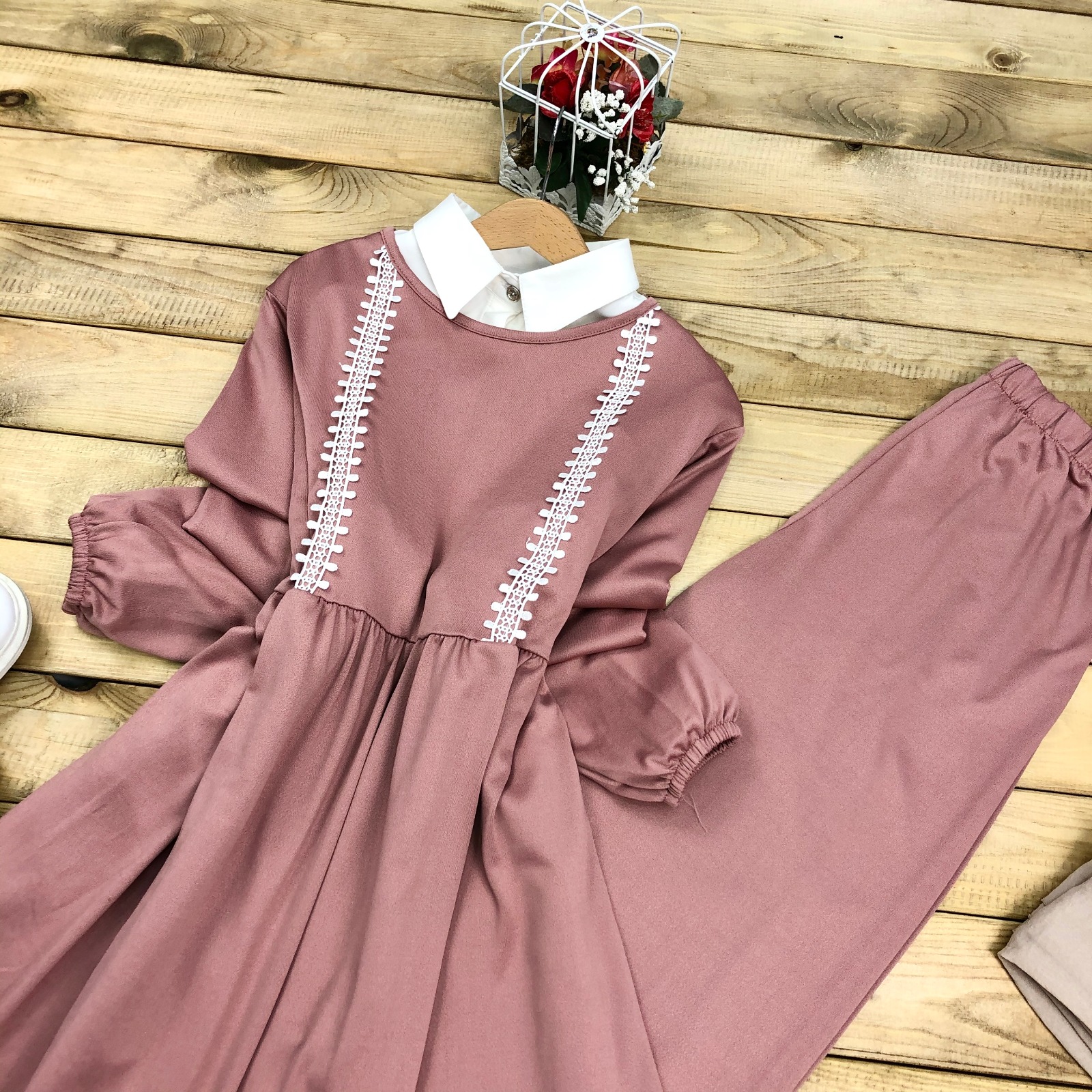 Scuba kumaş dantelli tunik takım - Görsel 10