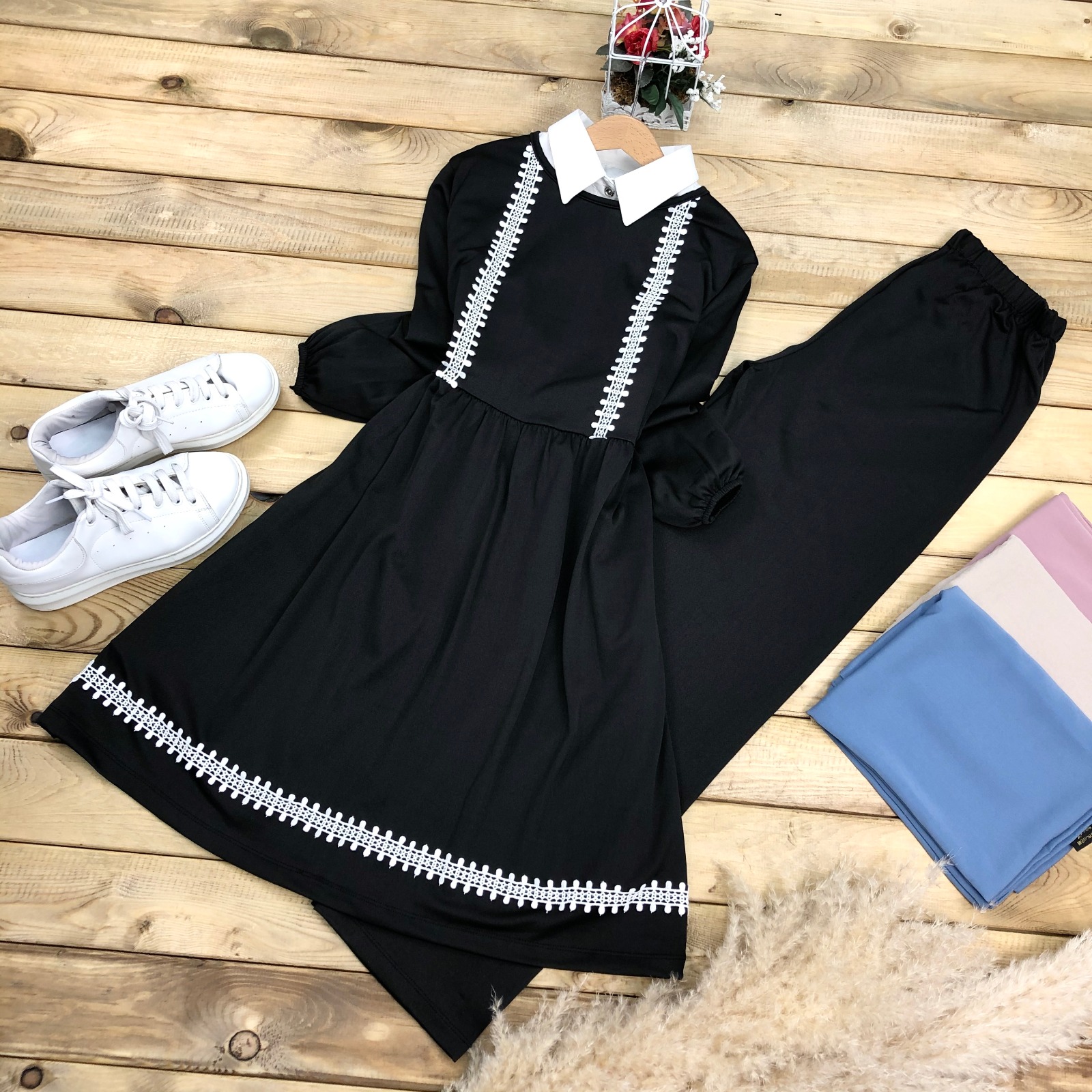 Scuba kumaş dantelli tunik takım - Görsel 9