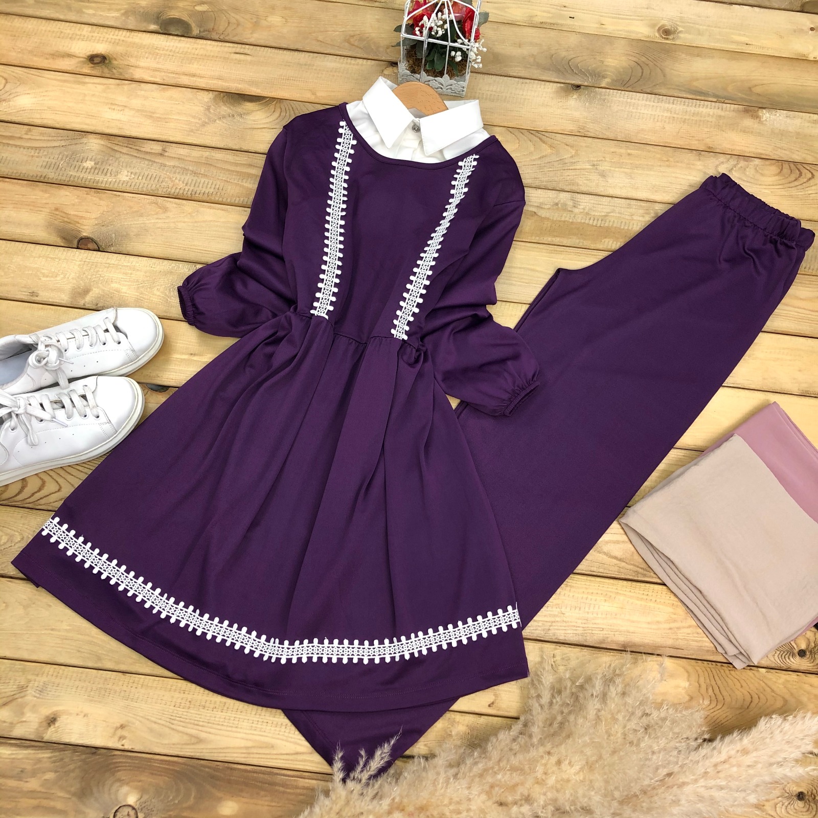 Scuba kumaş dantelli tunik takım - Görsel 5