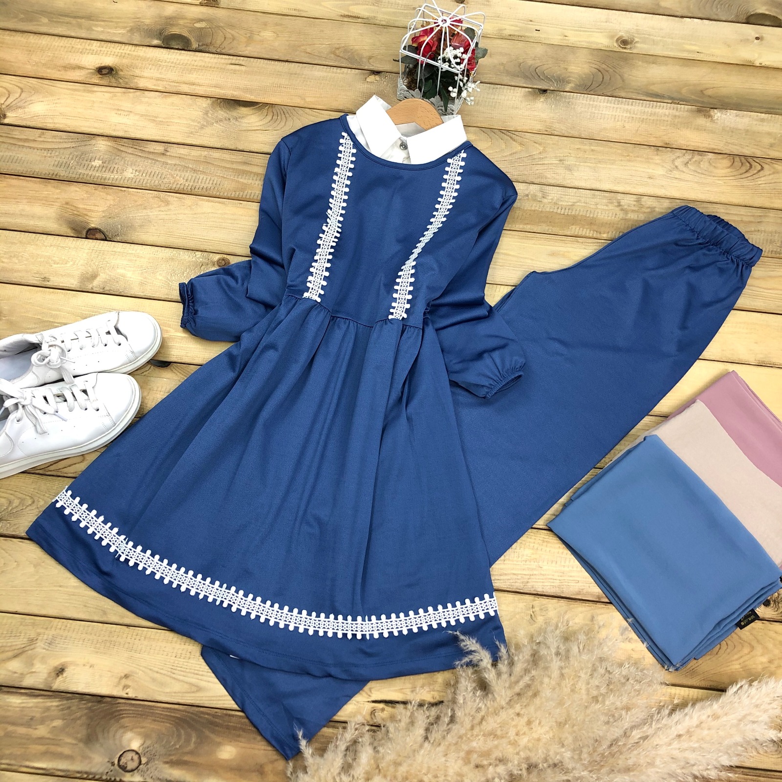 Scuba kumaş dantelli tunik takım - Görsel 6