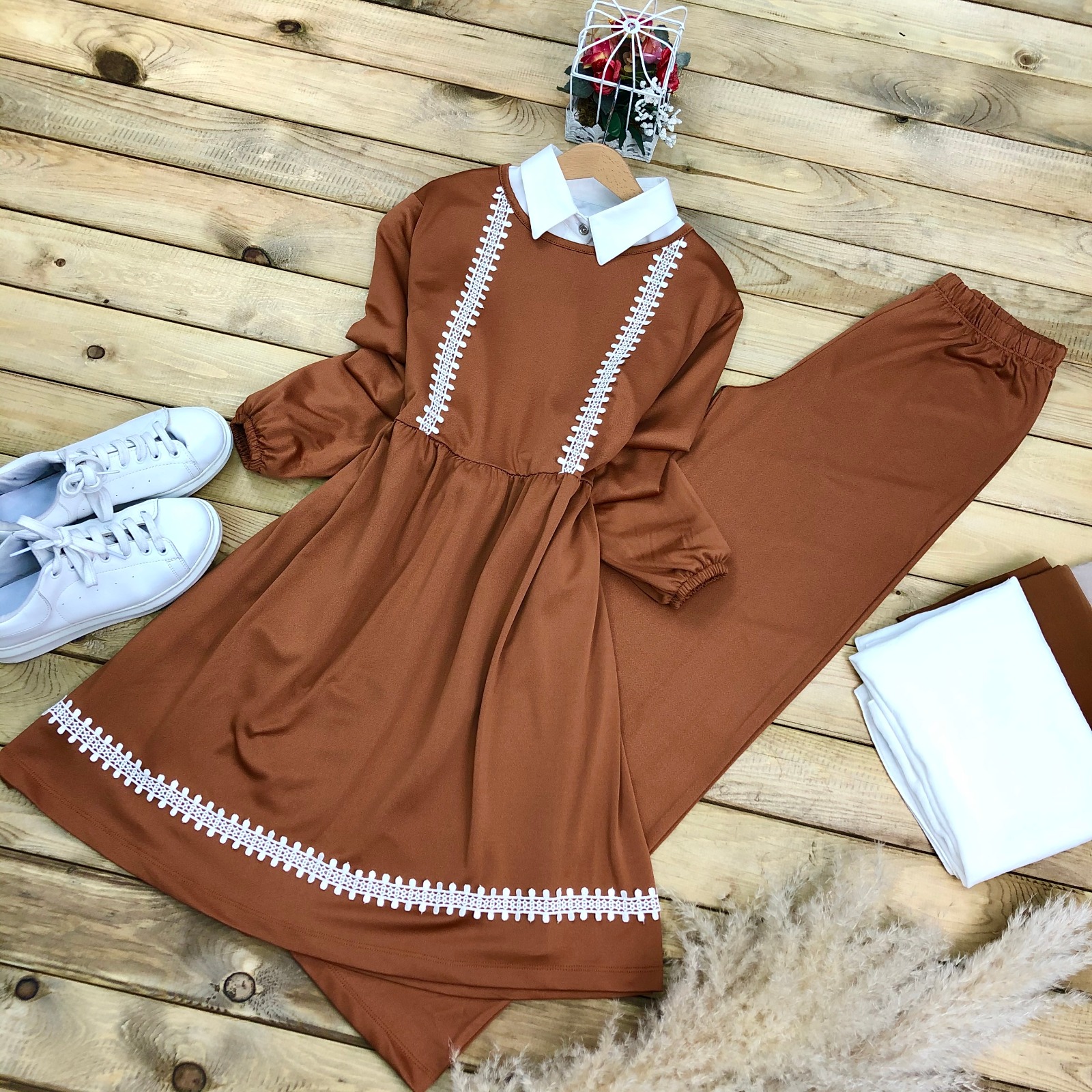 Scuba kumaş dantelli tunik takım - Görsel 7