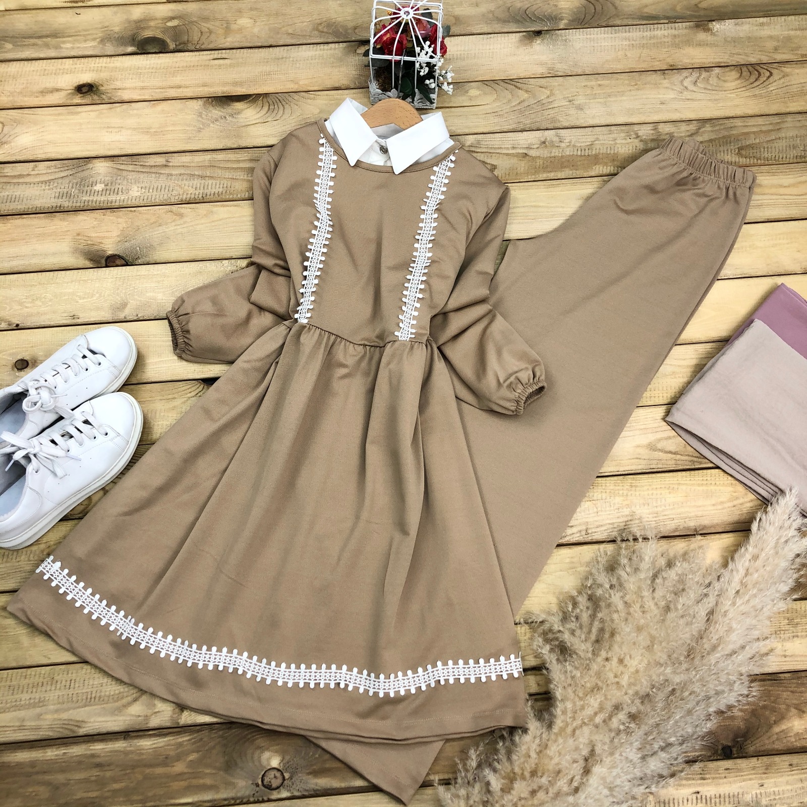 Scuba kumaş dantelli tunik takım - Görsel 8