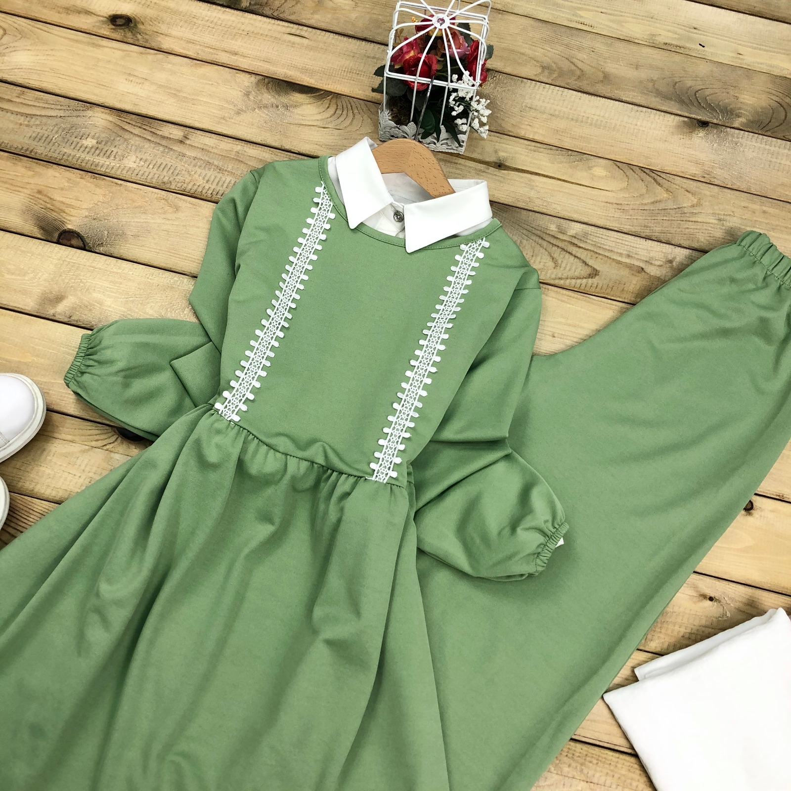 Scuba kumaş dantelli tunik takım - Görsel 12