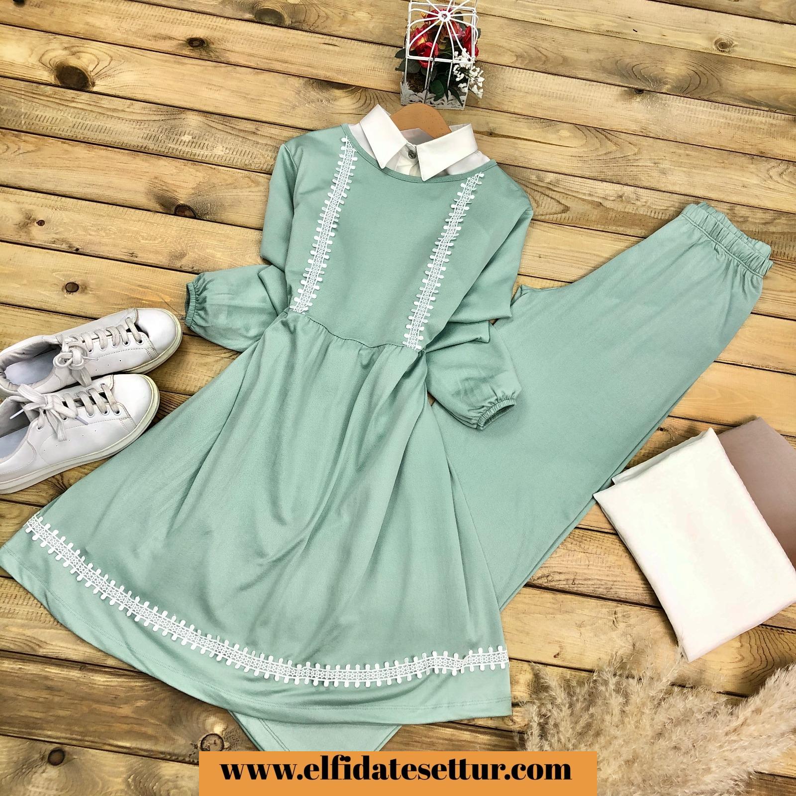 Scuba kumaş dantelli tunik takım - Görsel 2