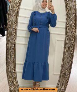 Ayrobin kumaş fırfırlı kemerli elbise