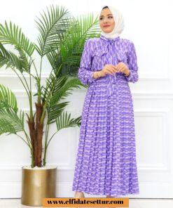 Krep geometrik desenli elbise