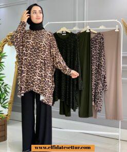 Leopar desenli sandy tunik takım