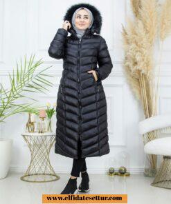 Kürk kapşonlu şişme mont