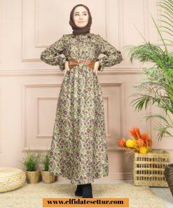 Yün efekt desenli kumaş elbise