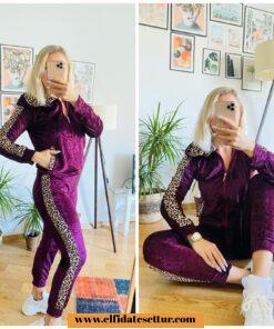 Leopar şeritli kadife eşofman