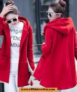 Peluş kapüşonlu kaşe mont