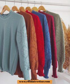 Balon kol fırfırlı triko örgü kazak