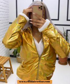 İçi kürklü parlak mont