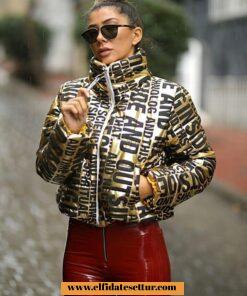 Kapitone yazılı şişme mont