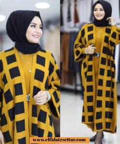 Kareli triko yelek elbise takım