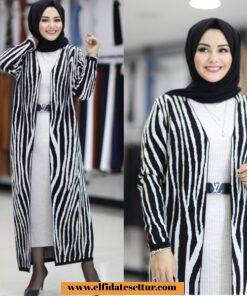 Zebra desenli triko hırka elbise takım