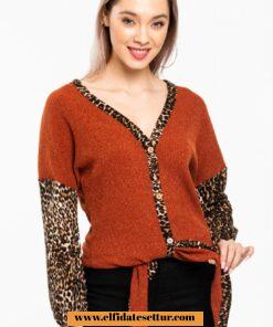Leopar desenli triko kumaş hırka