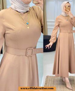 Double krep kemerli elbise