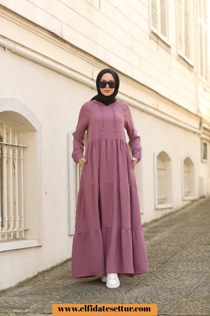 Kapüşonlu krep kat kat elbise