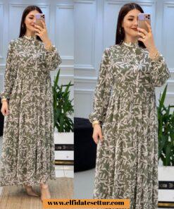 Şifon kumaş yaprak desenli elbise