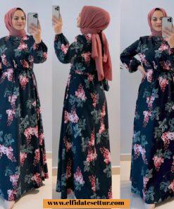 Double krep kumaş çiçekli elbise