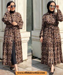 Leopar zebra desenli gömlek elbise