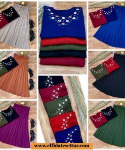 Nakışlı triko badi piliseli etek kombin