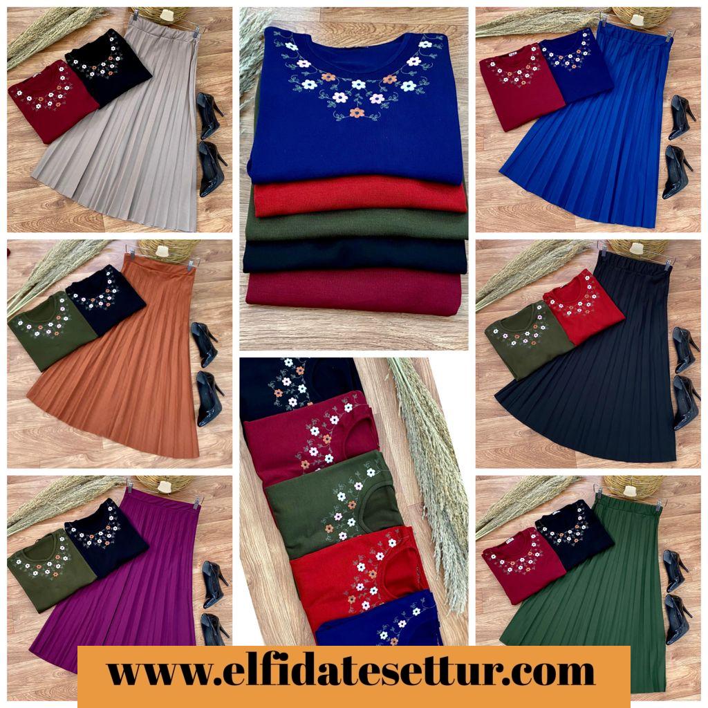 Nakışlı triko badi piliseli etek kombin