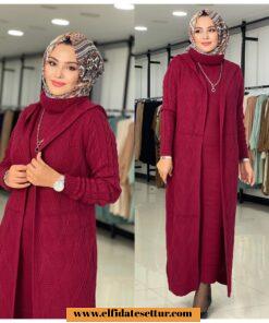 Triko kumaş elbise hırka takım