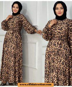 Yün efekt kumaş leopar elbise