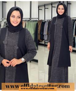 Triko örme yelekli elbise takım