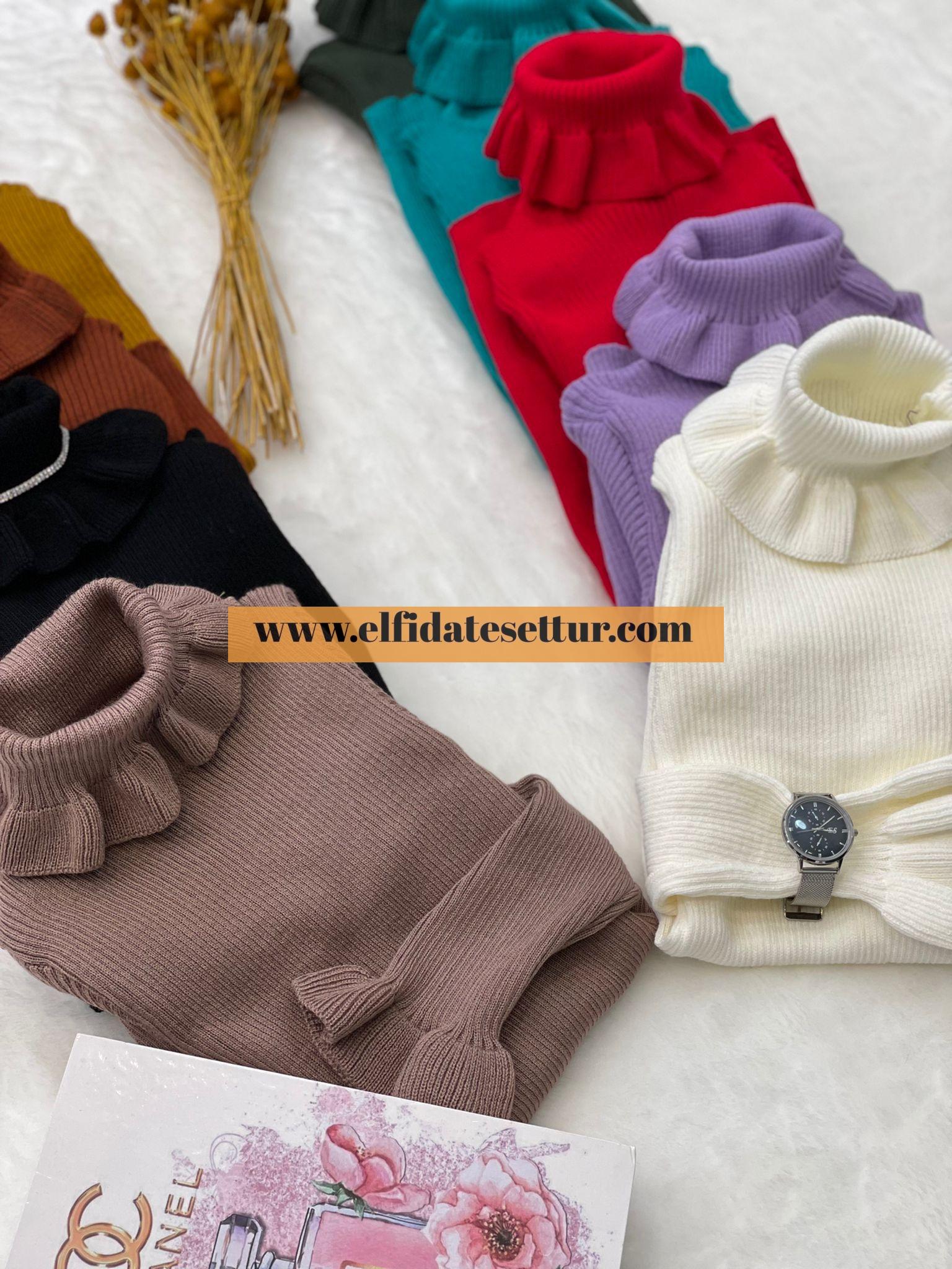 Kolları Fırfırlı Boğazlı Triko Kazak - Görsel 4