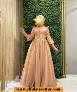 Tül kumaş manşetli balon kol elbise