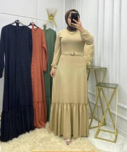 Simli kemerli likralı krep elbise