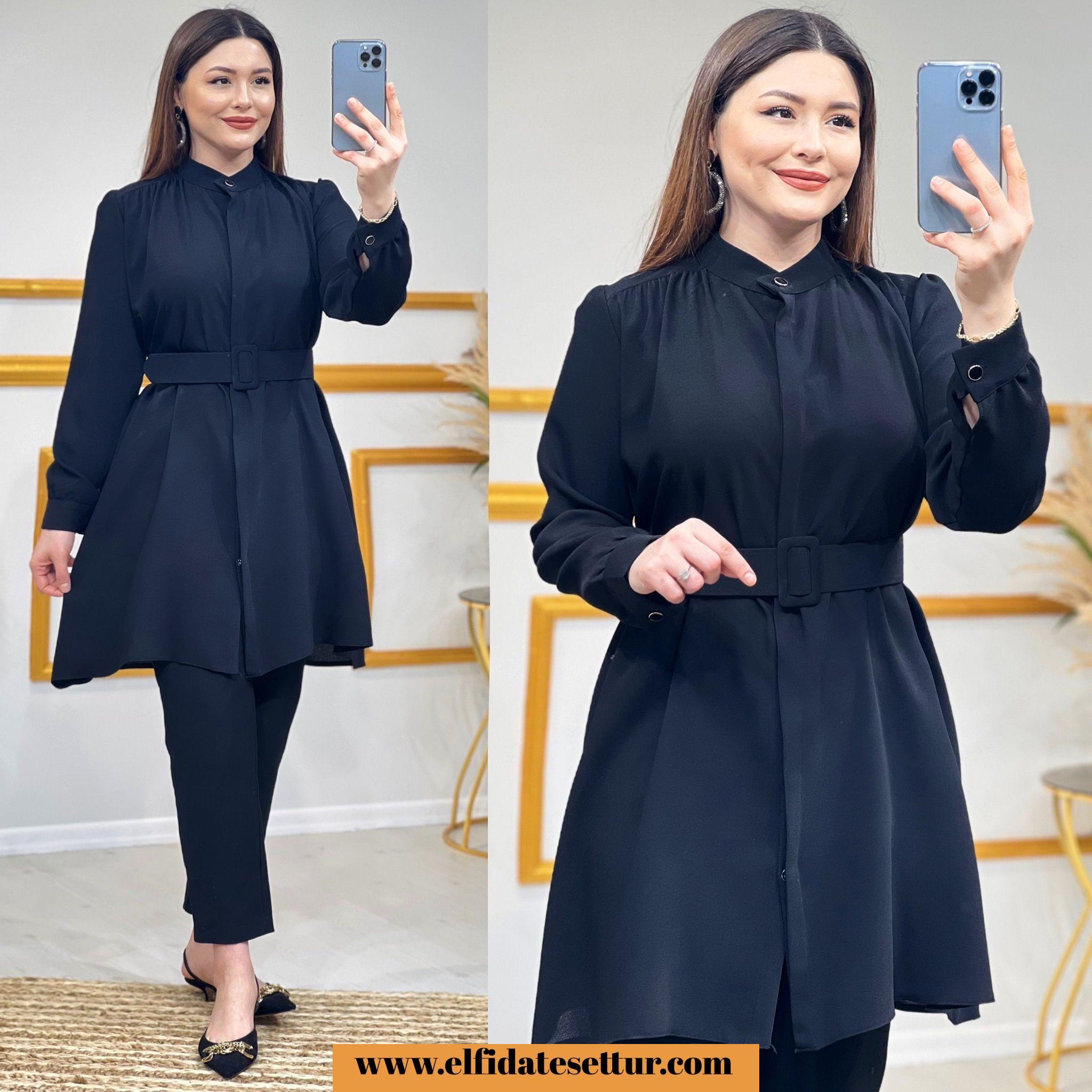 Kum krep kumaş kemerli tunik - Görsel 5