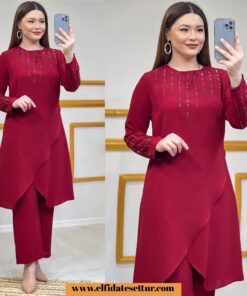 Kum krep pantolonlu zarif takım