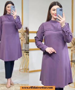 Kum krep kumaş pile detaylı tunik