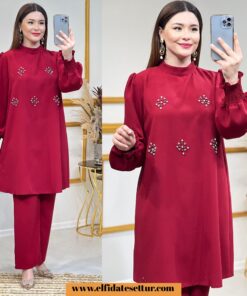 Kum krep kumaş boncuklu takım